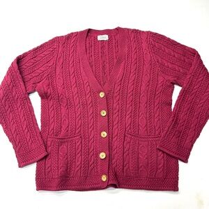 Vintage L.L. Bean Pink Magenta Cable Knit Cotton Wood Buttons Cardigan Sweater